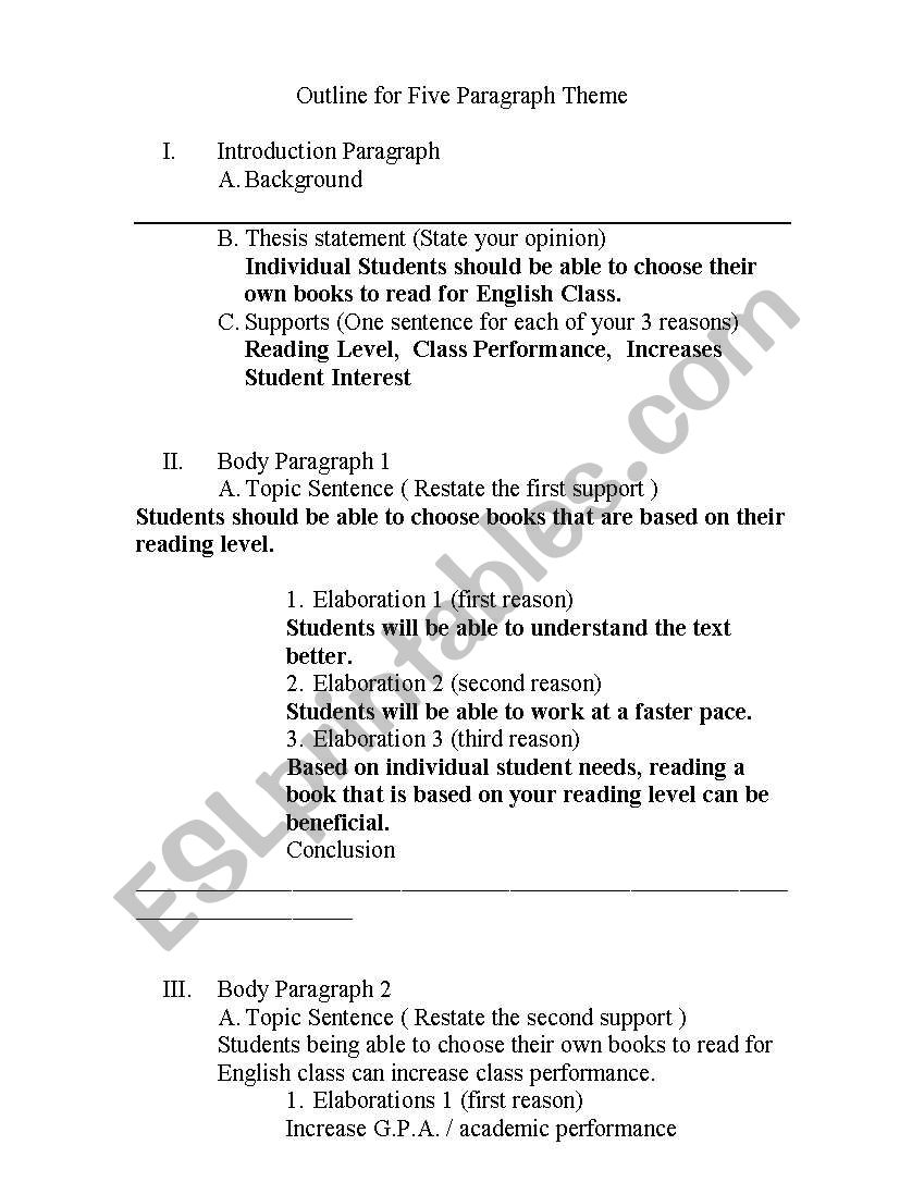 Outline for Five Paragraph Theme