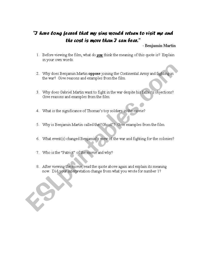 English worksheets: The Patriot