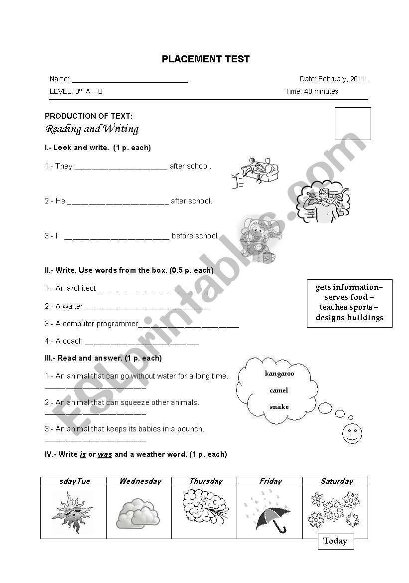 English Worksheets PLACEMENT TEST