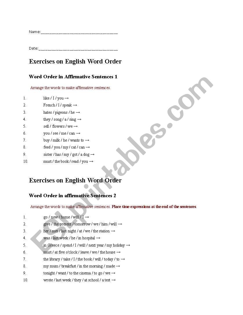 word order exercise worksheet