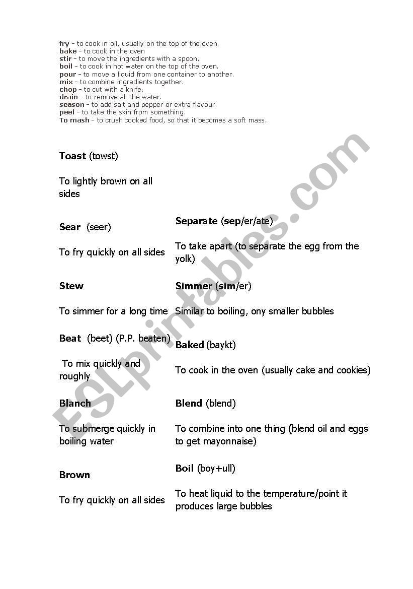 cooking verb worksheet