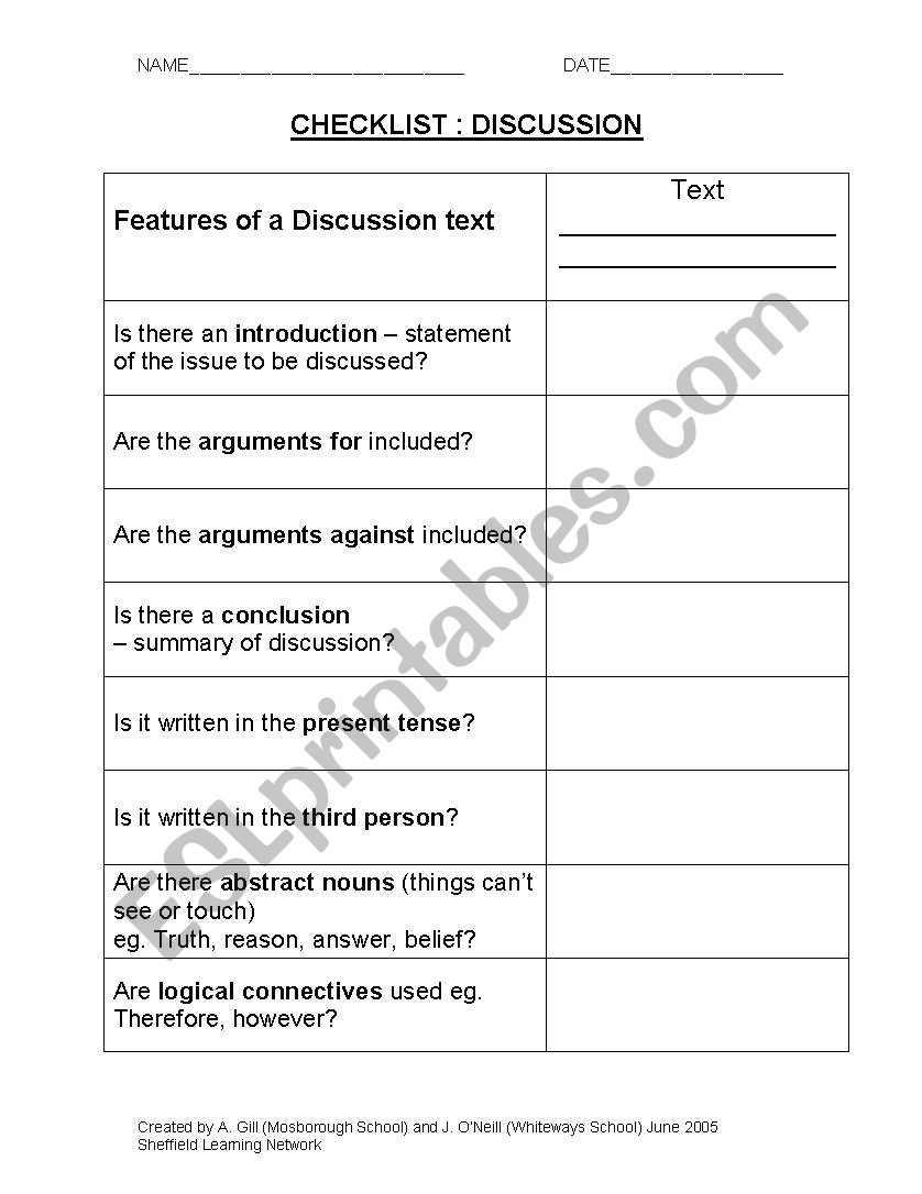 Discussion checklist worksheet