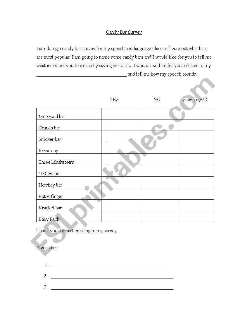 Candy Bar Survey worksheet