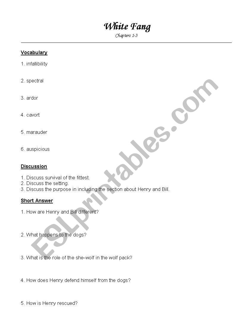 White Fang Review Section 1 worksheet