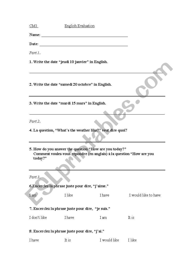 evaluation in english worksheet