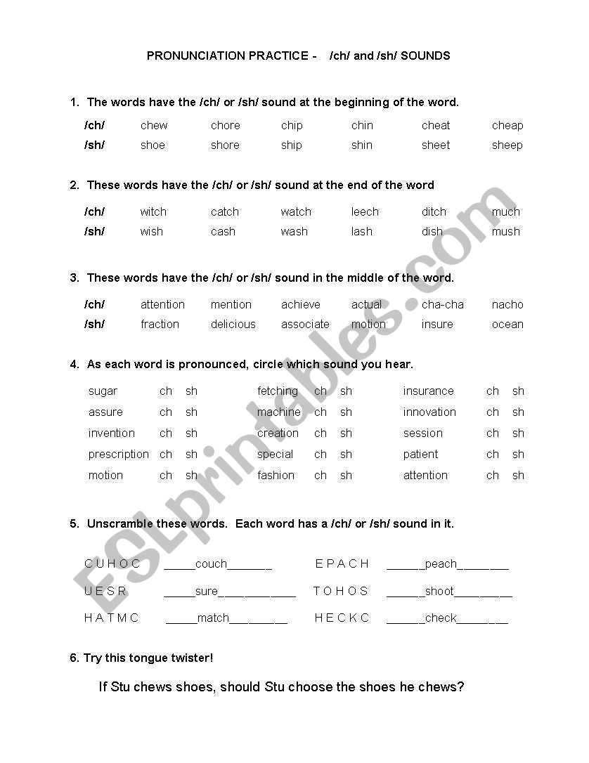 Pronunciation Practice /ch/ and /sh/ - ESL worksheet by msynk