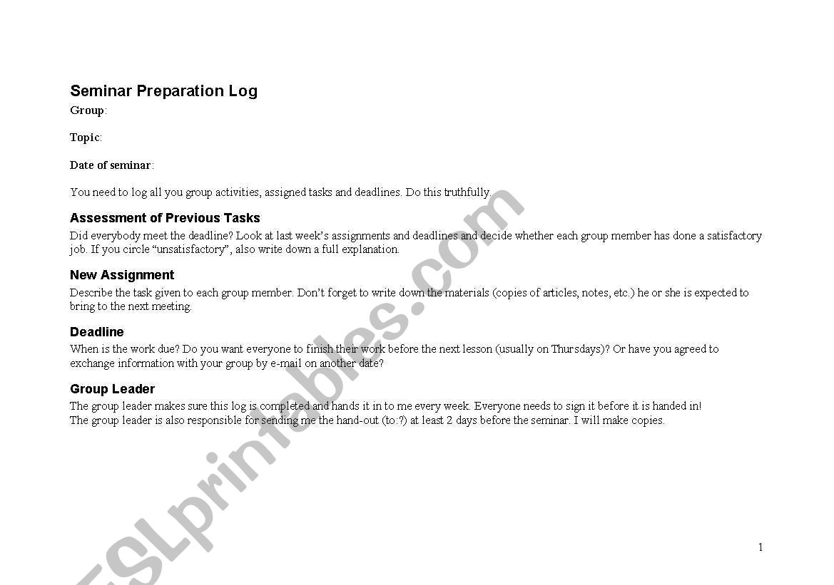 Seminar Preparation Log worksheet