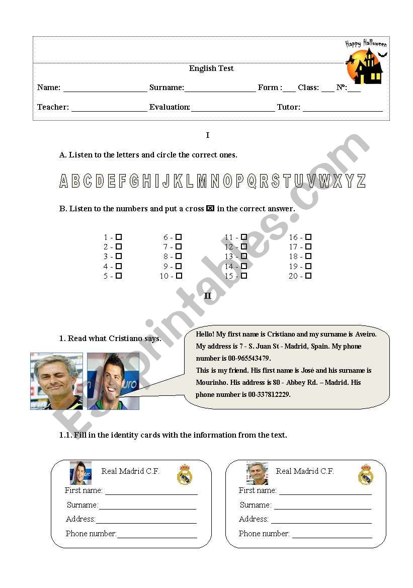 English test 5 grade worksheet