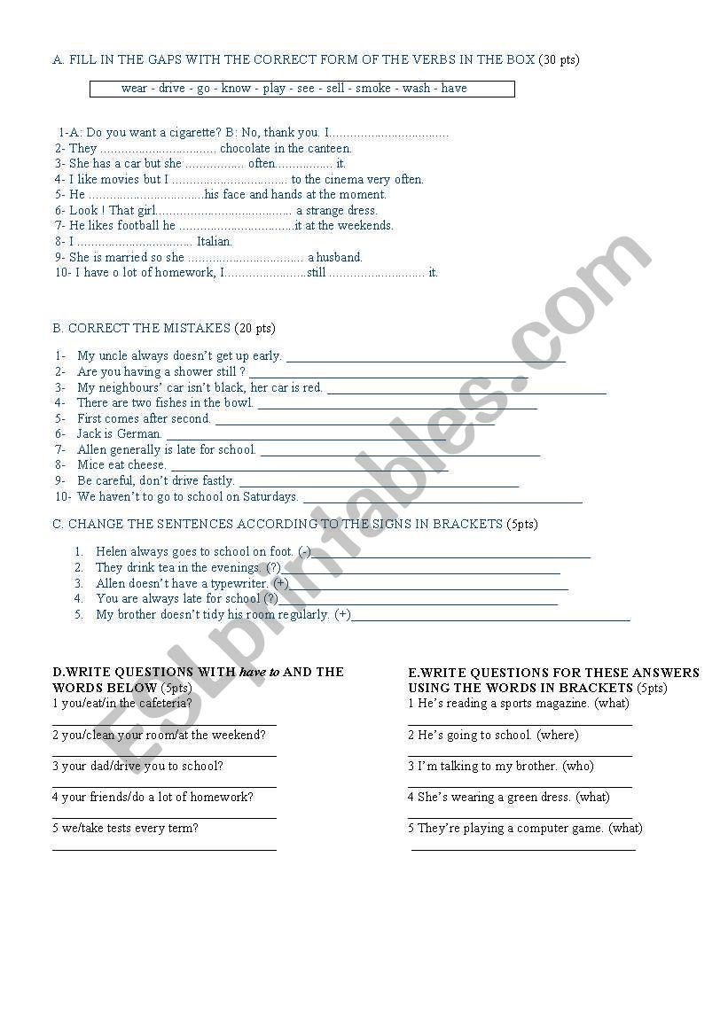 intermedite exam worksheet