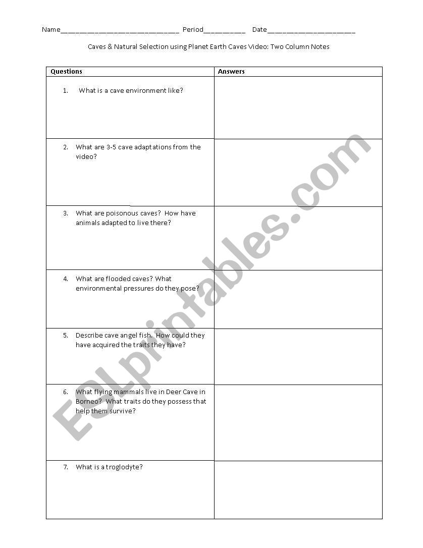 Planet Earth Caves Guided 2 column notes