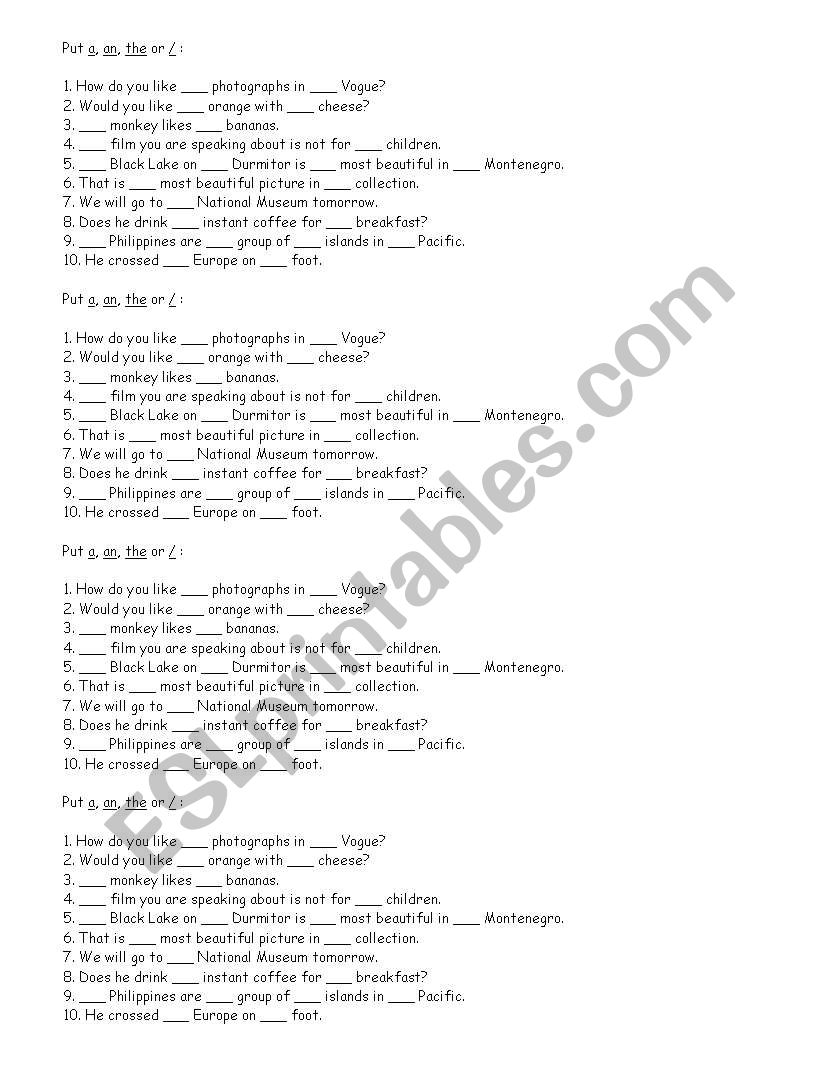 articles worksheet