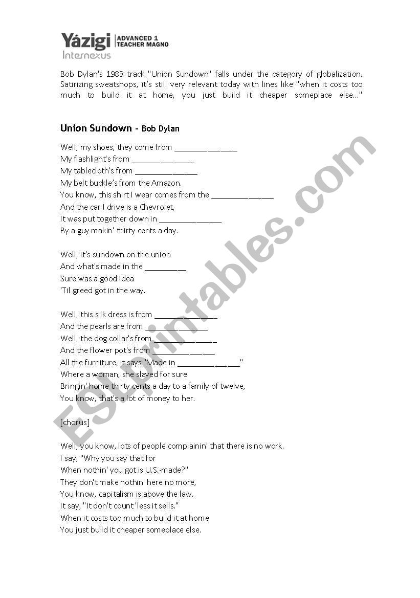 Union Sundown - Bob Dylan worksheet