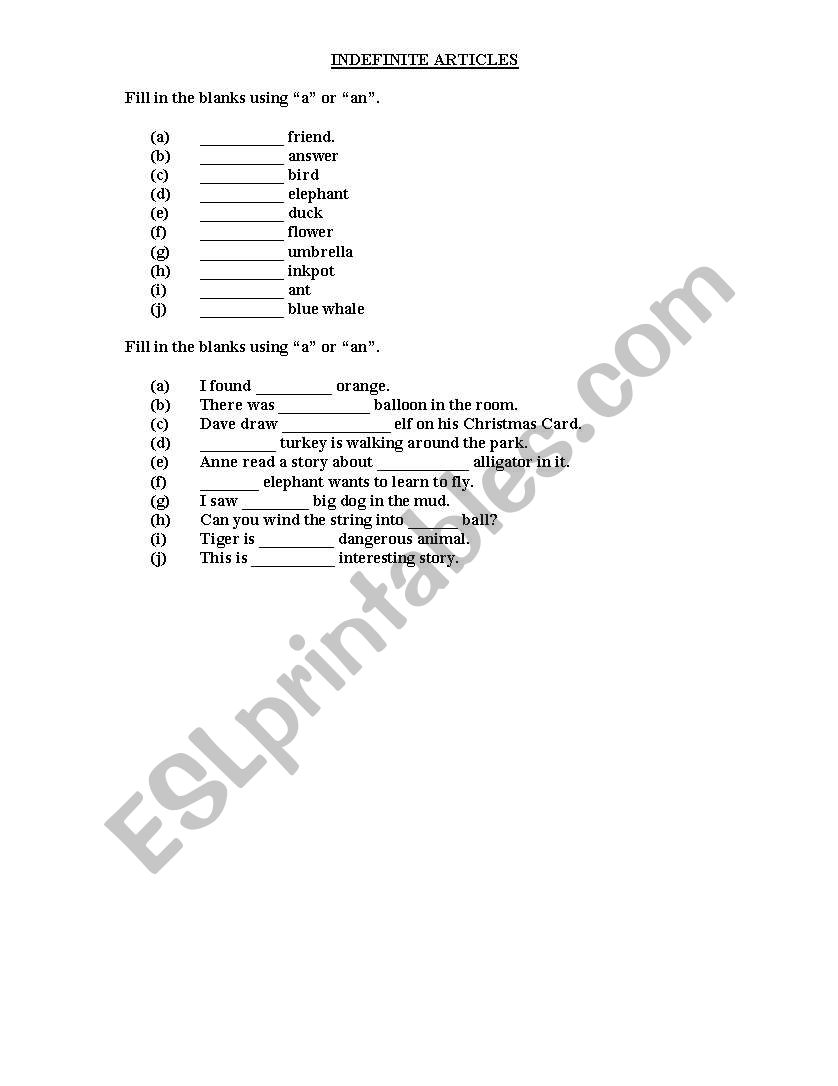 Indefinite Articles worksheet