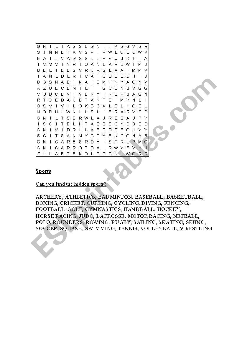 sprts wordssearch  worksheet