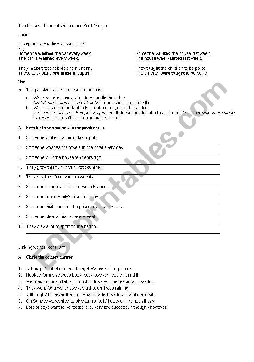 Passive voice & linking words worksheet