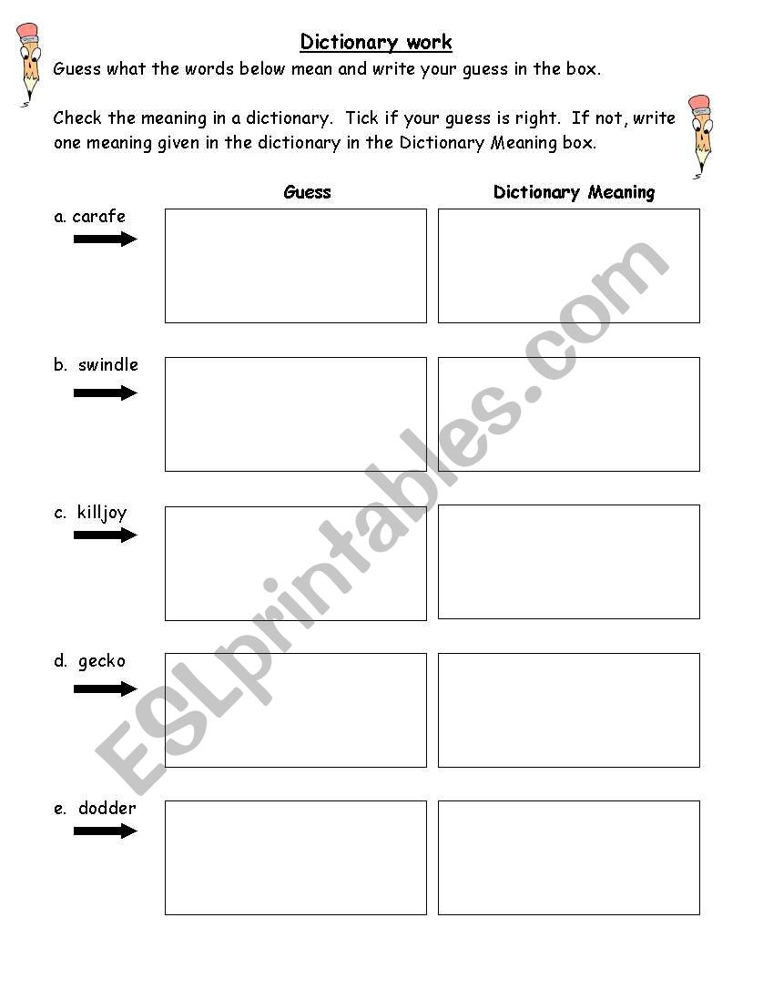 Dictionary work worksheet