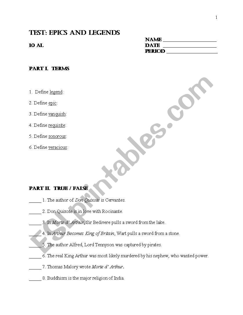 Epics and Legends Test worksheet