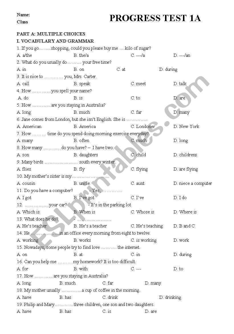 Elementary test worksheet