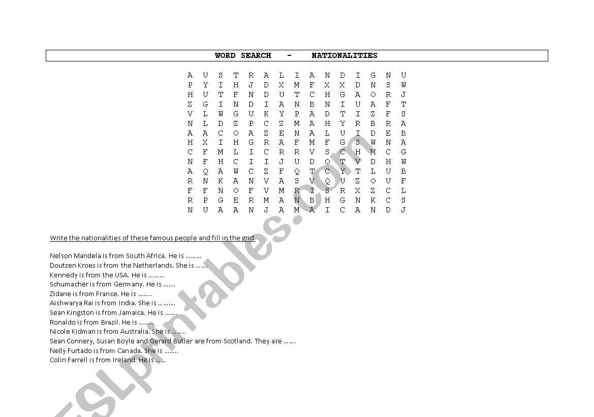 Nationalities - Word search worksheet