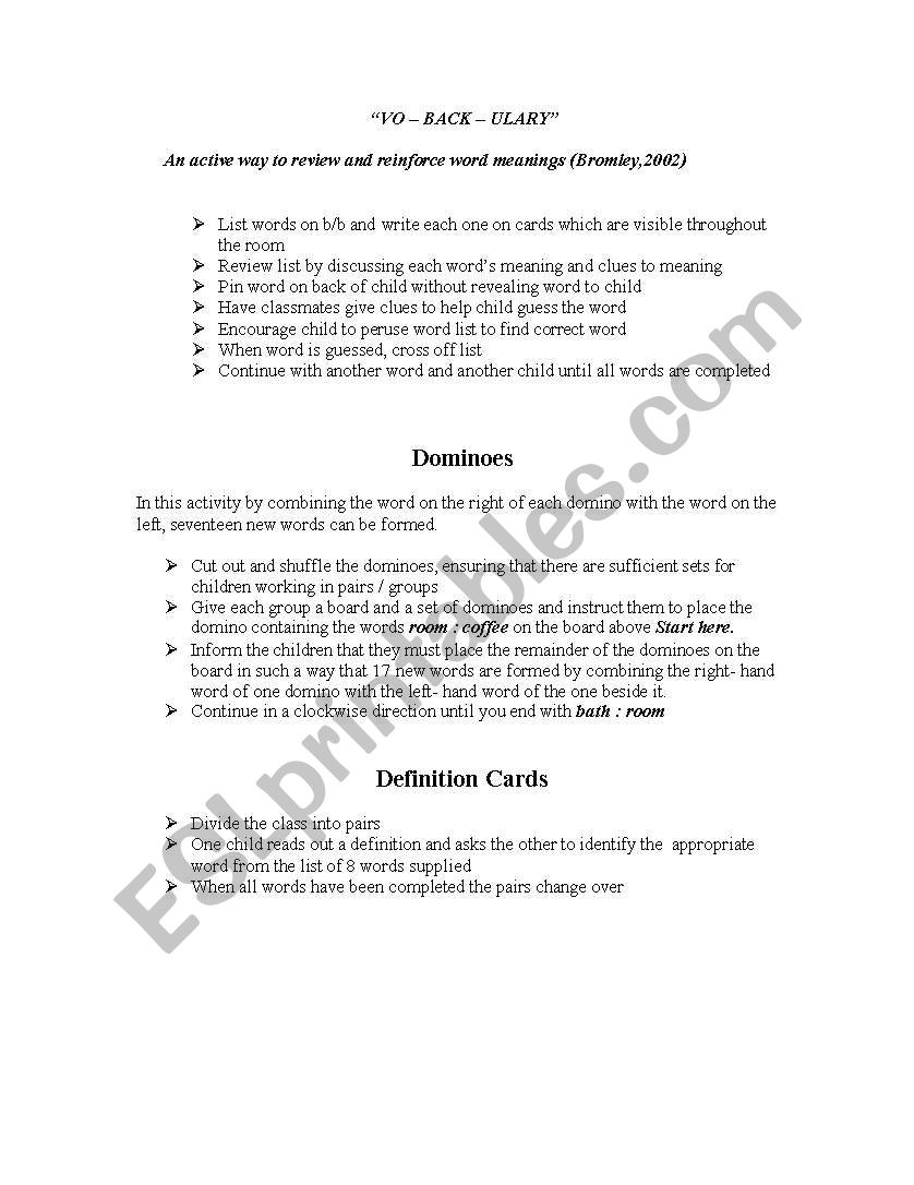 VO  BACK  ULARY worksheet