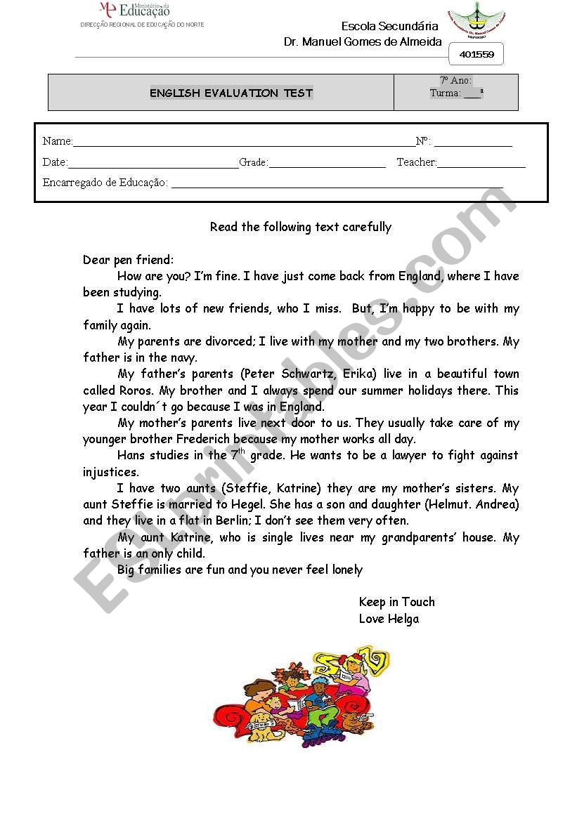 english test- 7 year worksheet