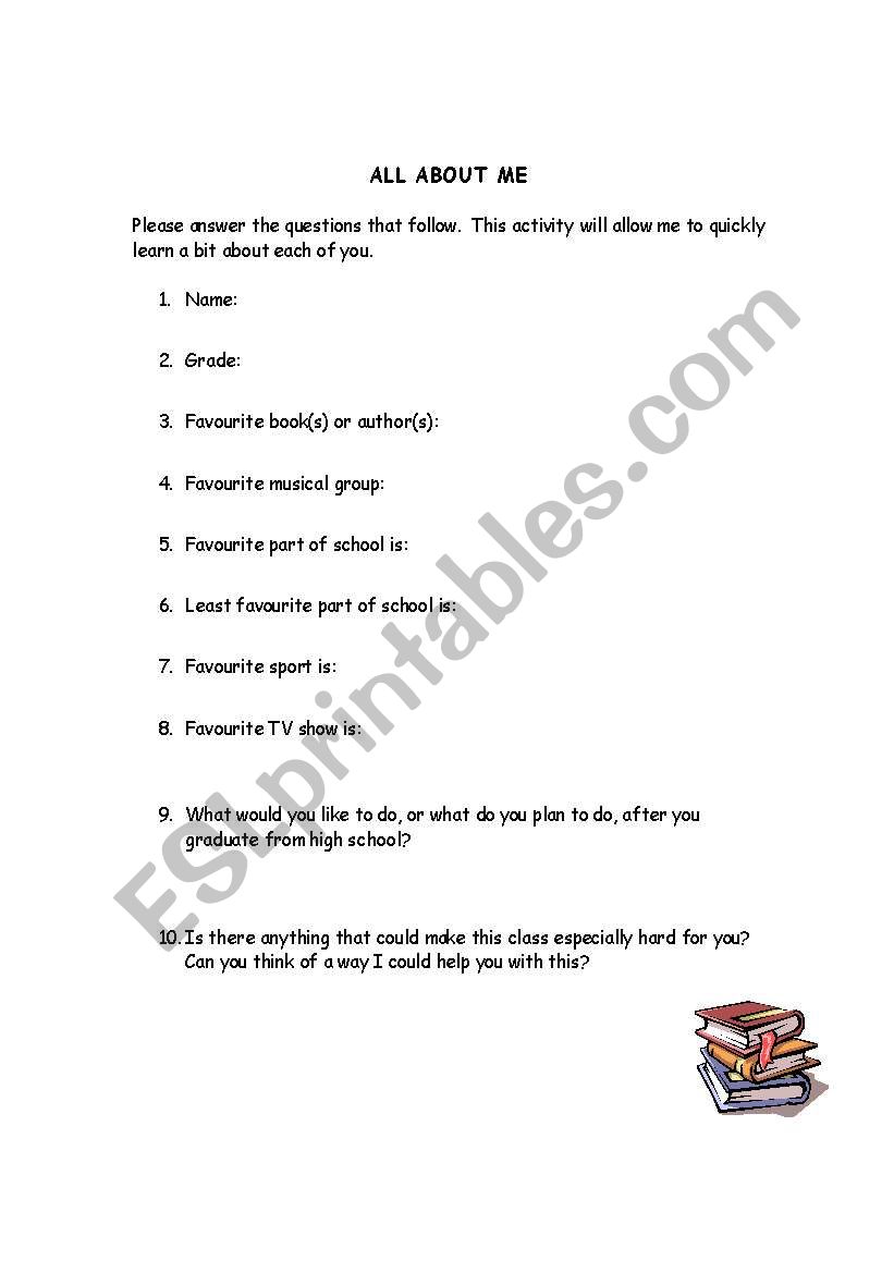 All About Me worksheet