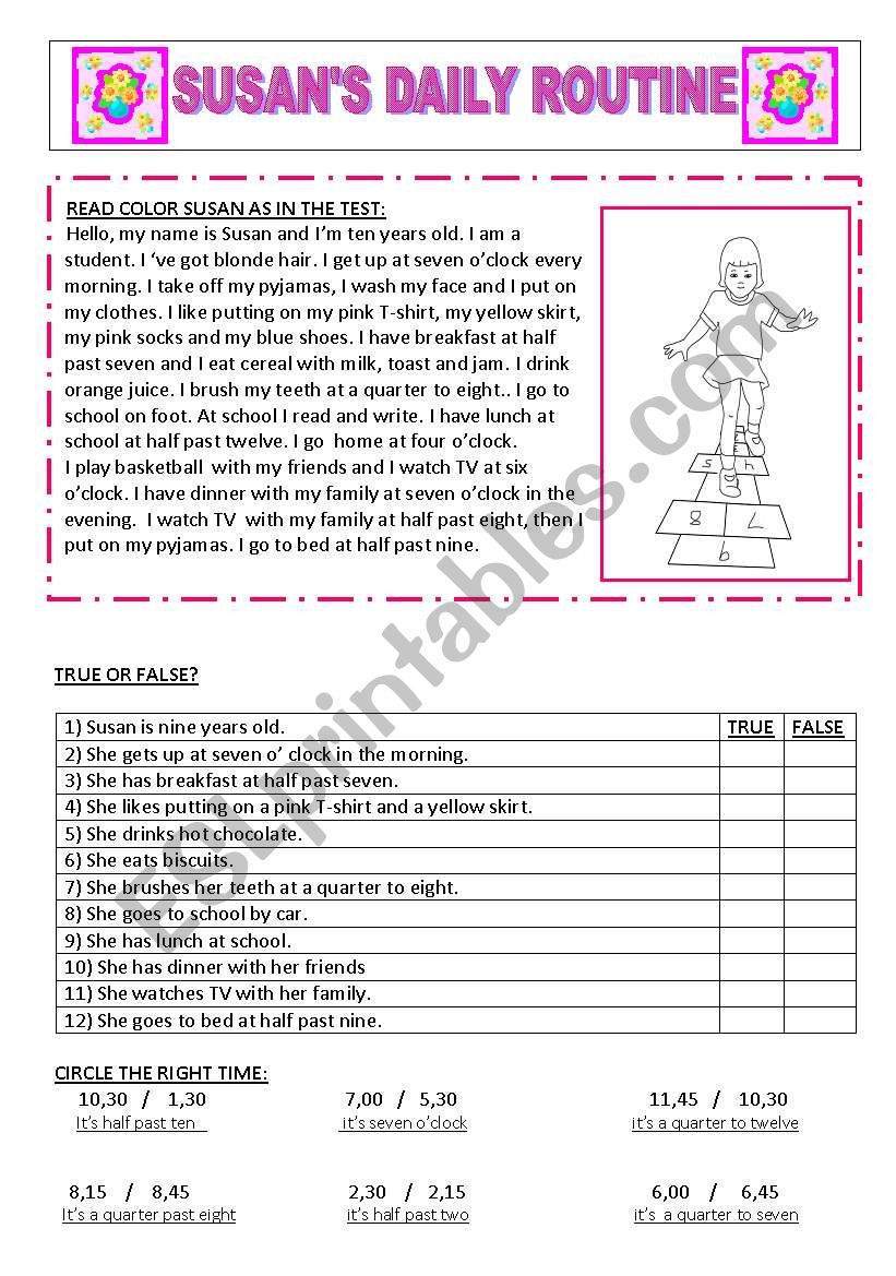 Susan´s daily routine, 3 exercise in 1 sheet - ESL worksheet by ...