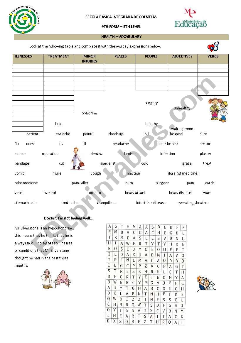 Health vocabulary worksheet