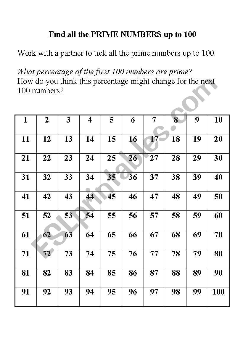 English worksheets: finding prime numbers