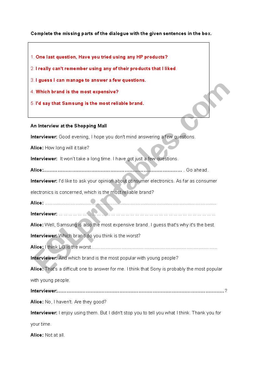 English worksheets: dialogue completion