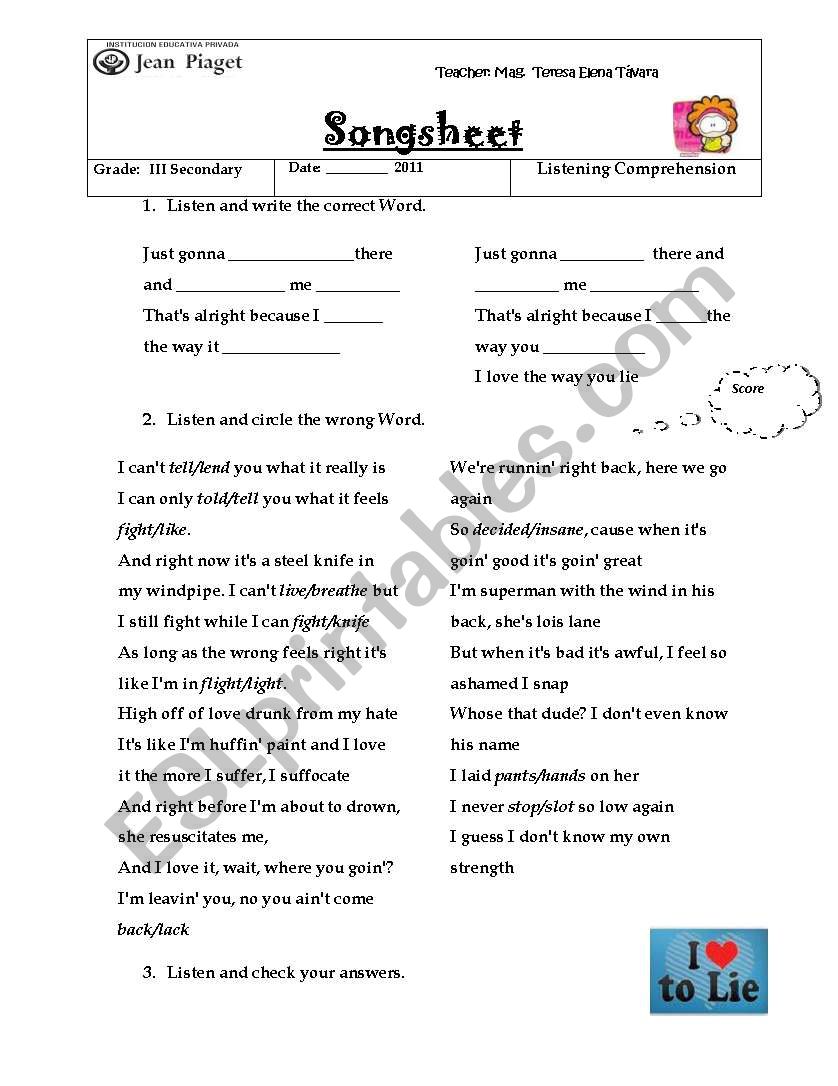 Song sheet  worksheet