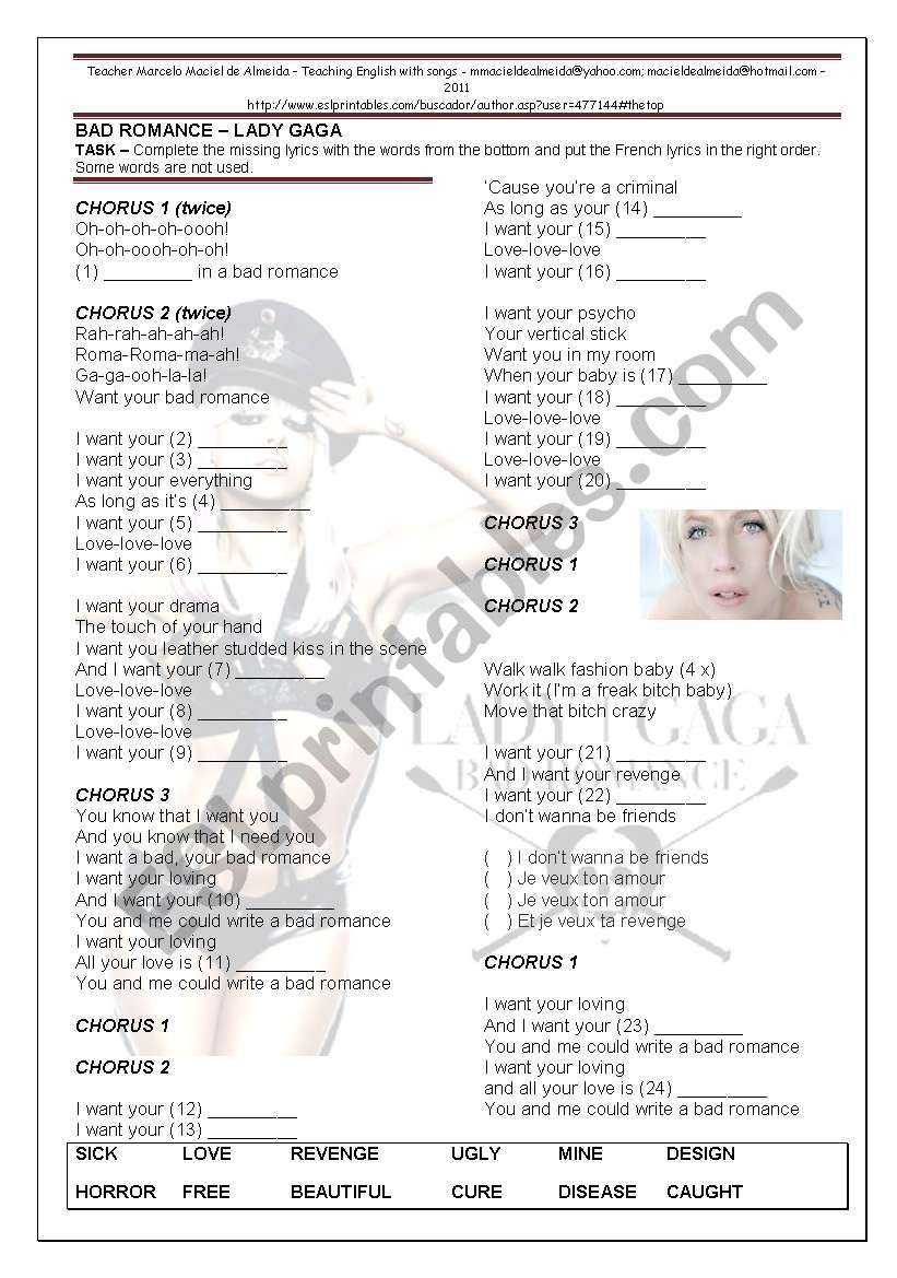 BAD ROMANCE worksheet