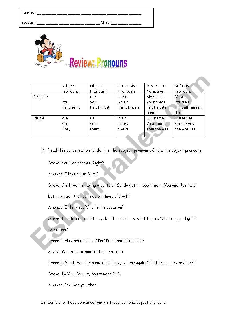 Review: pronouns worksheet