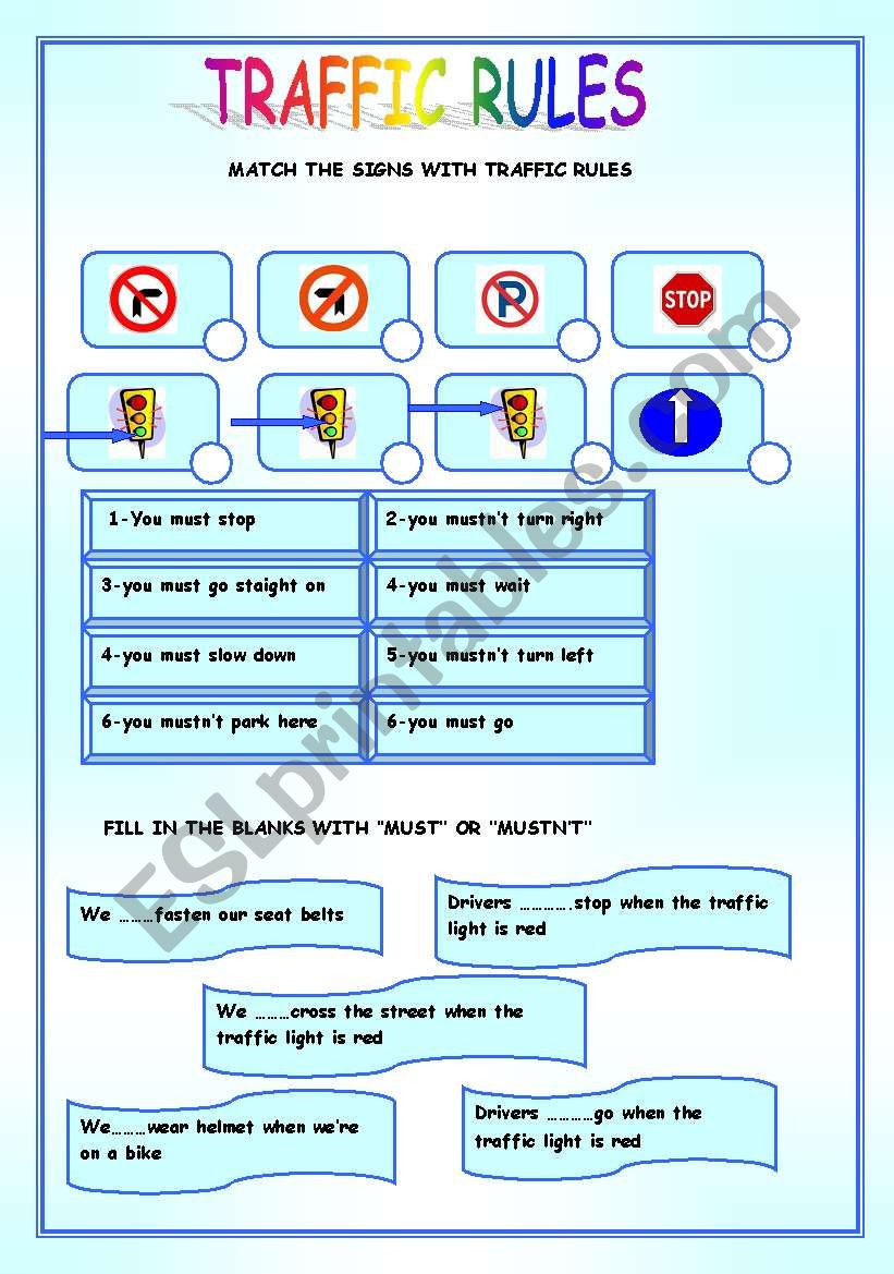 Traffic Rules ESL Worksheet By Merve z