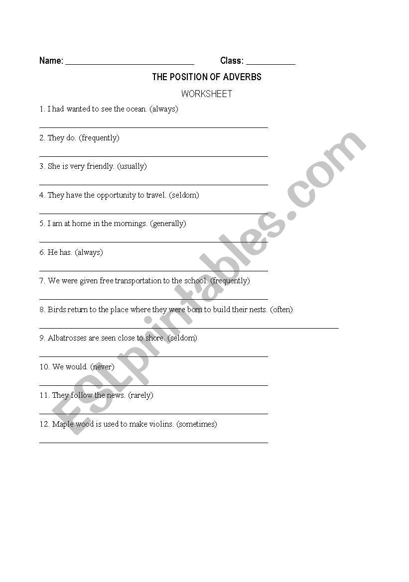 The position of adverbs worksheet