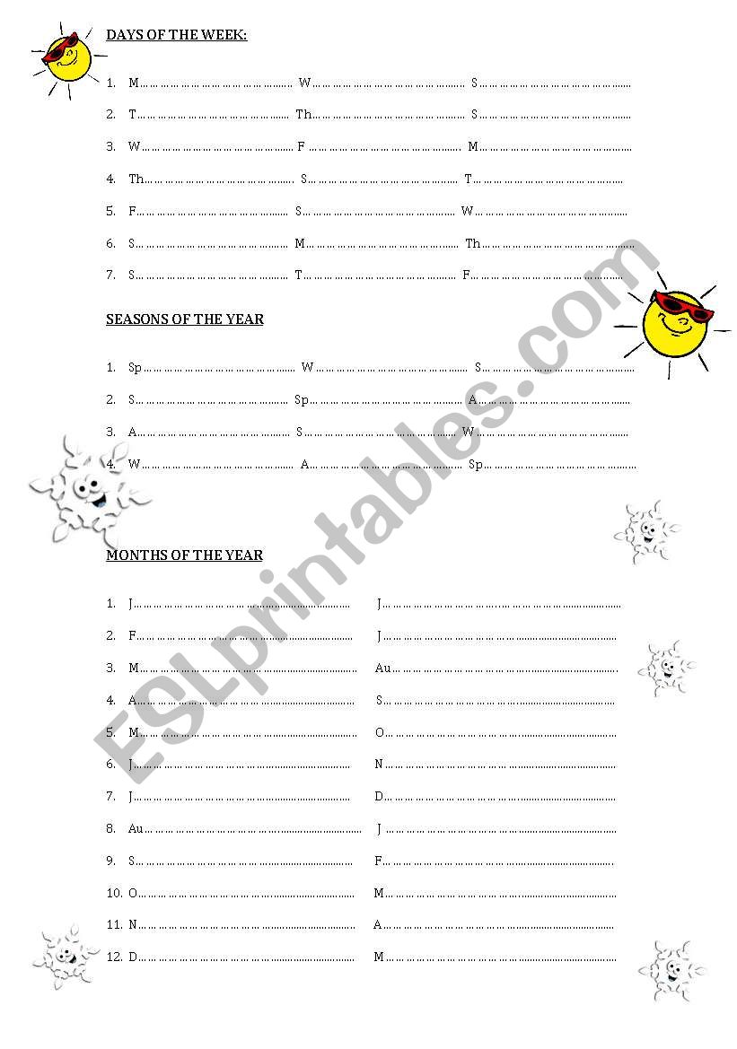 days, seasons, months worksheet