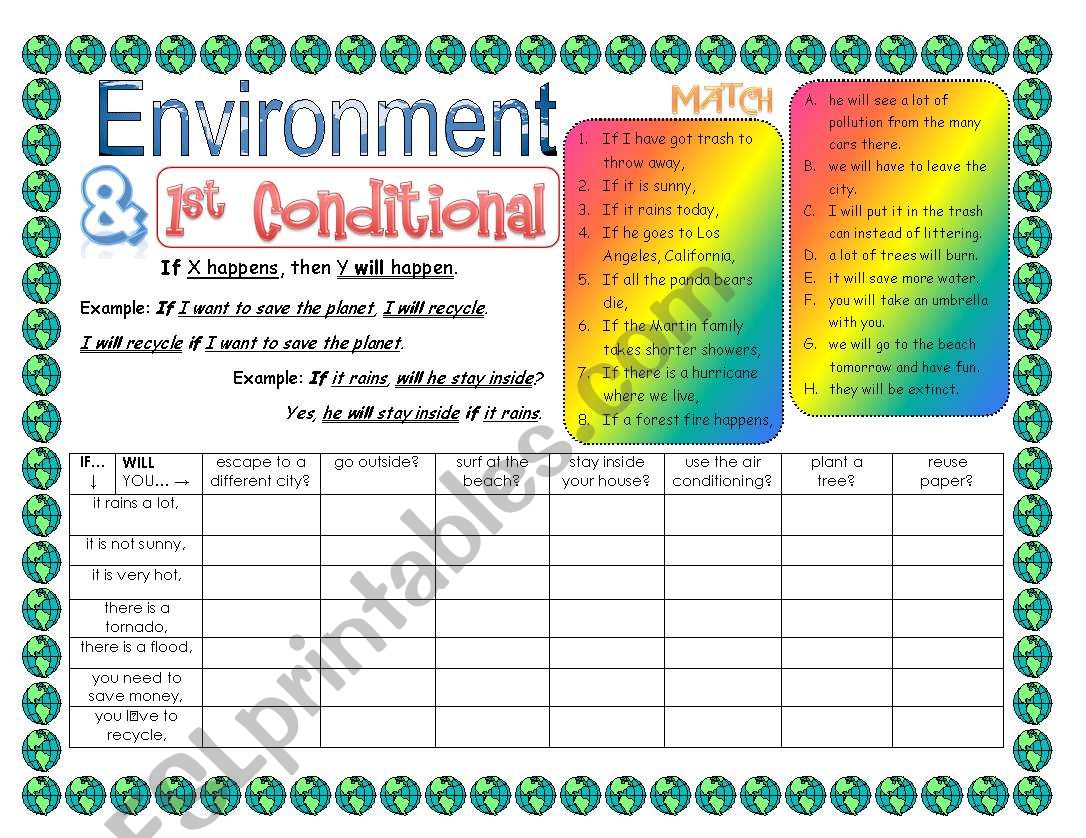 Environment WS - 1st Conditional Matching & Battleship Game - ESL worksheet  by rockthevinyl