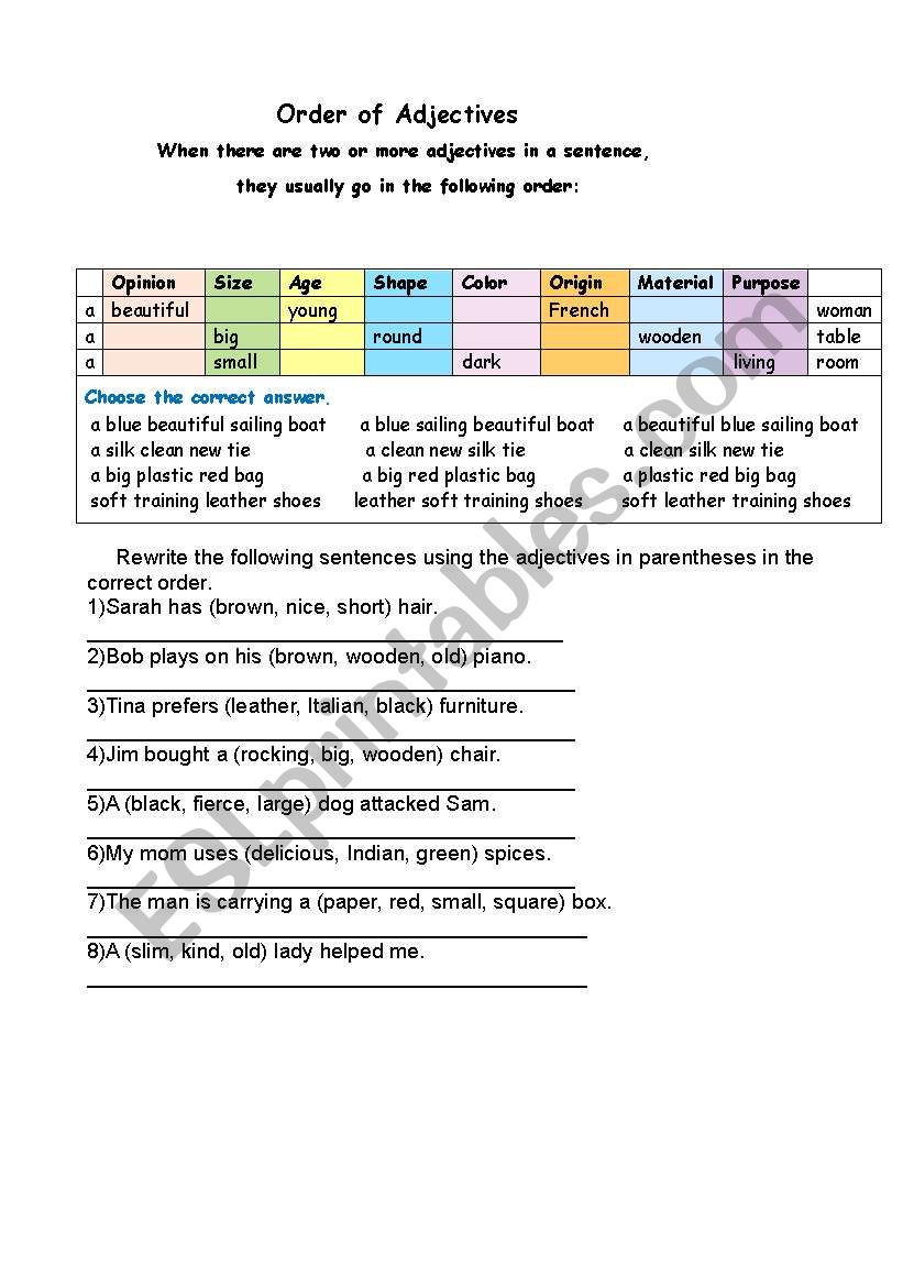 Adjective Order ESL Worksheet By Umut20