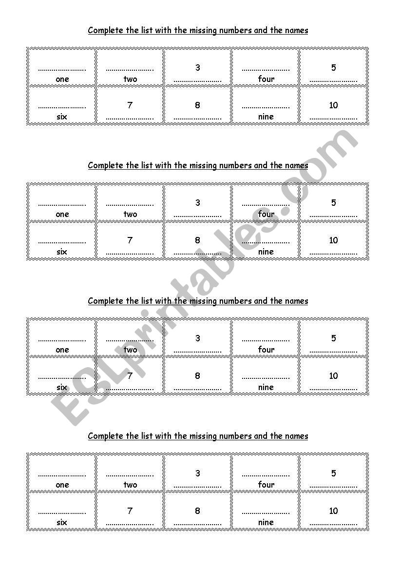 Complete the list with the missing numbers (1-10)