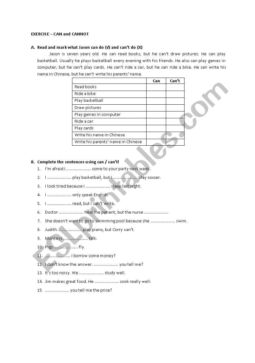 can and cannot worksheet