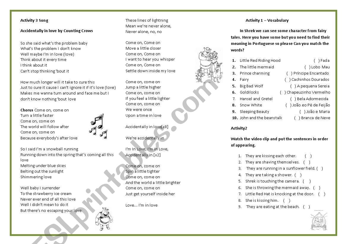 activities with Shrek worksheet