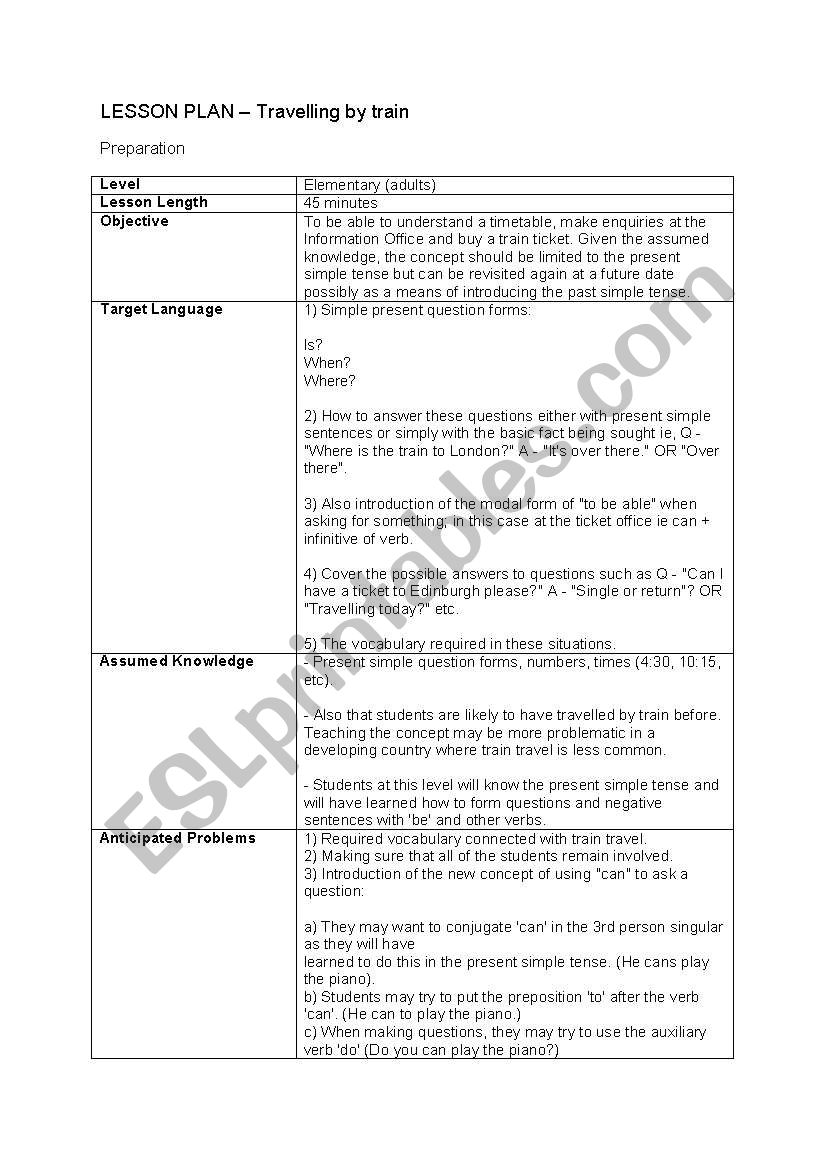 Train Travel worksheet