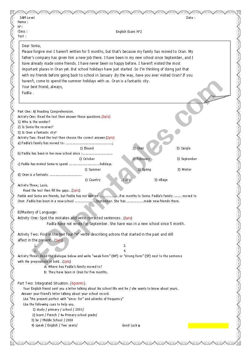 English Exam N2 worksheet