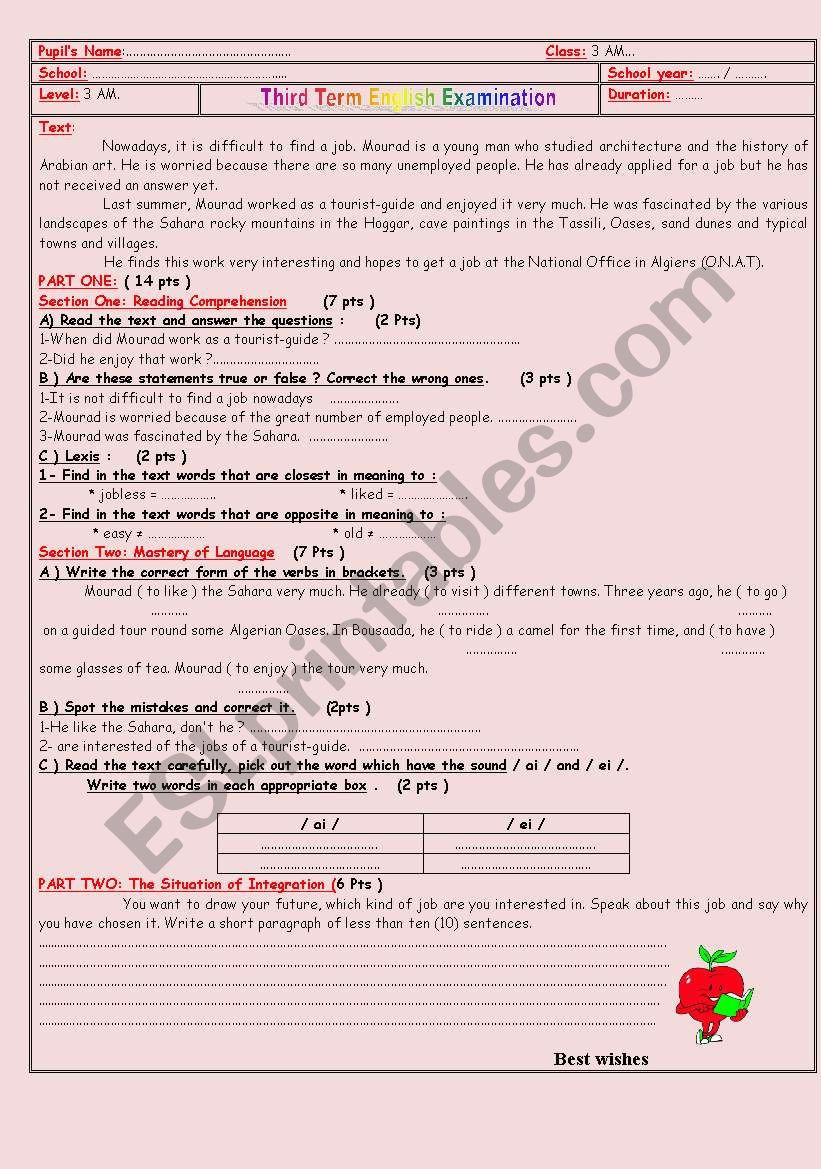 an examination worksheet