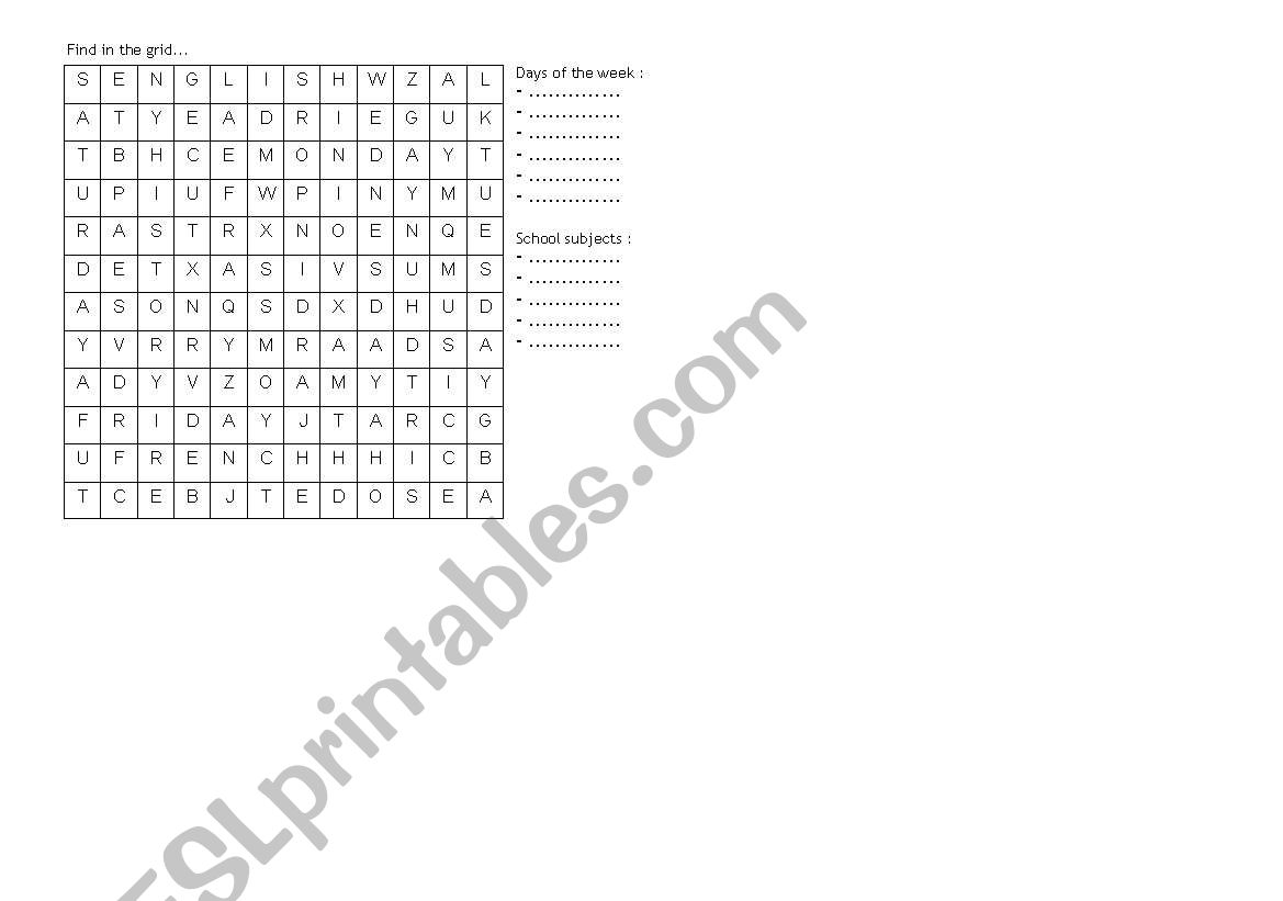 Grid Days of the week & School subjects