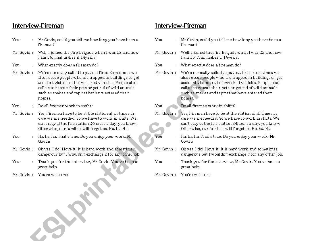 Intervew fireman worksheet