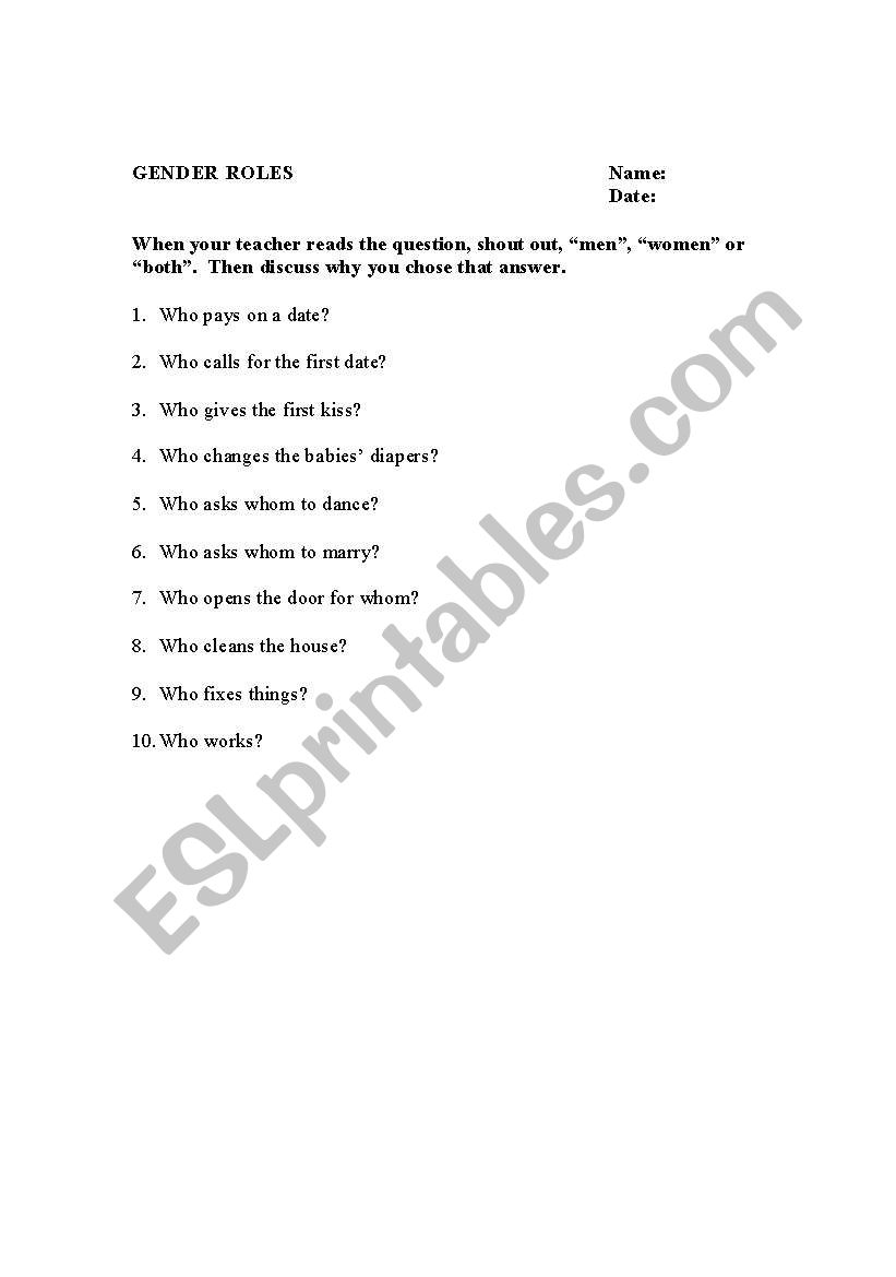 English Worksheets Gender Roles 