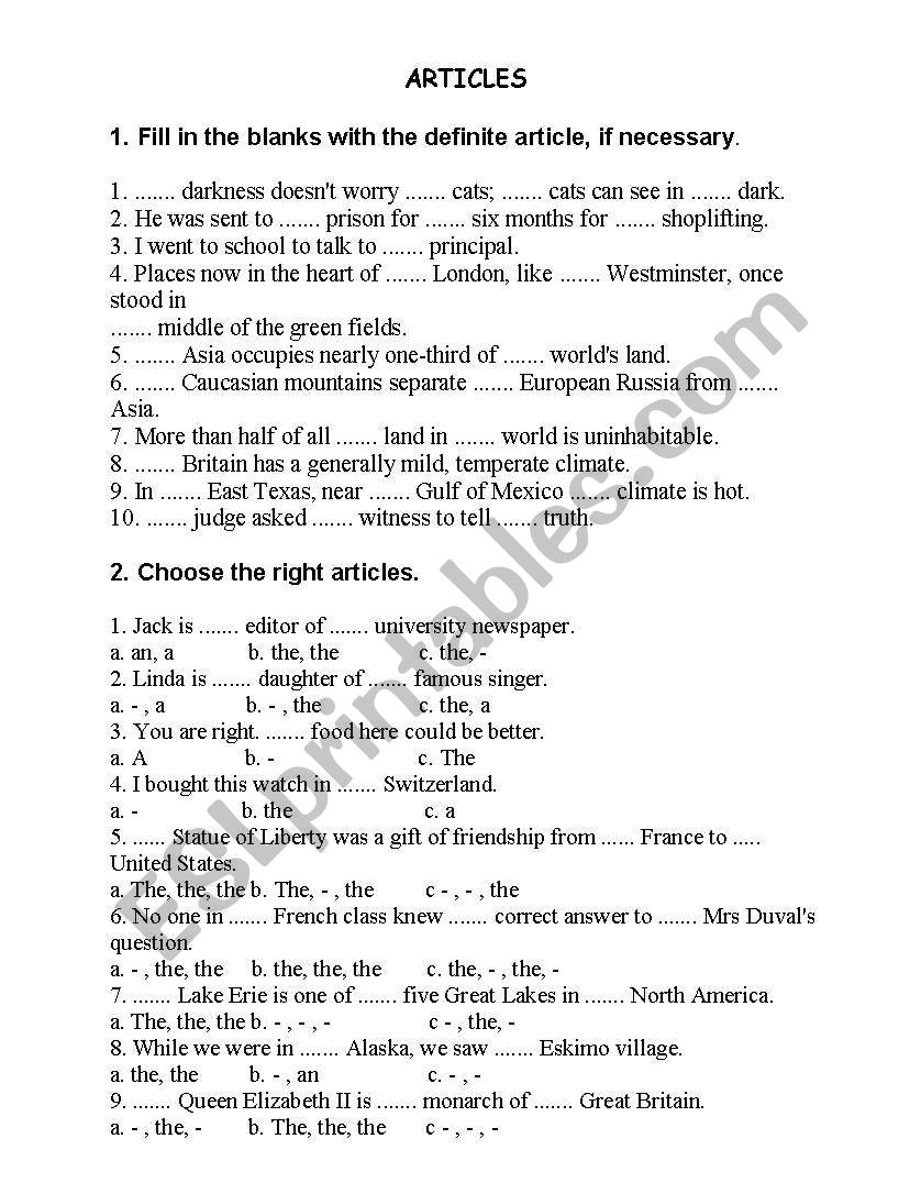 Articles worksheet