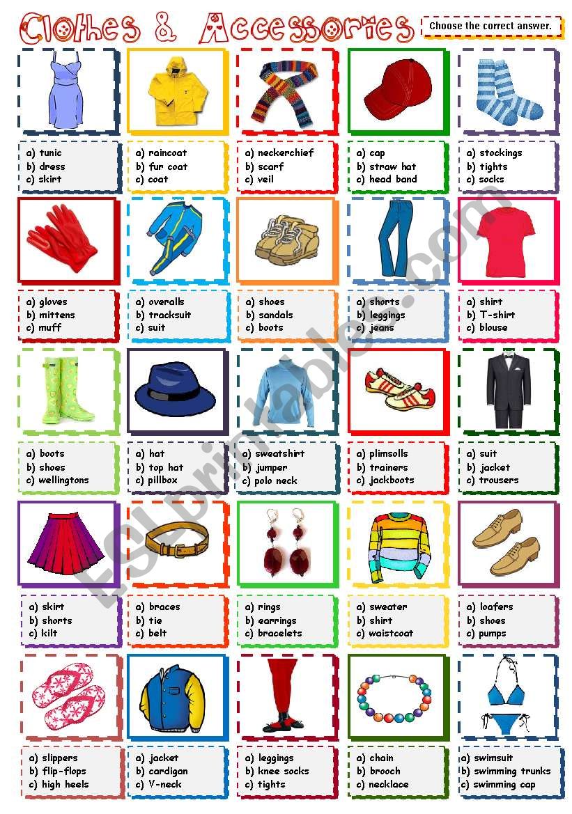 Clothes & Accessories - multiple choice (B&W included) - ESL worksheet ...