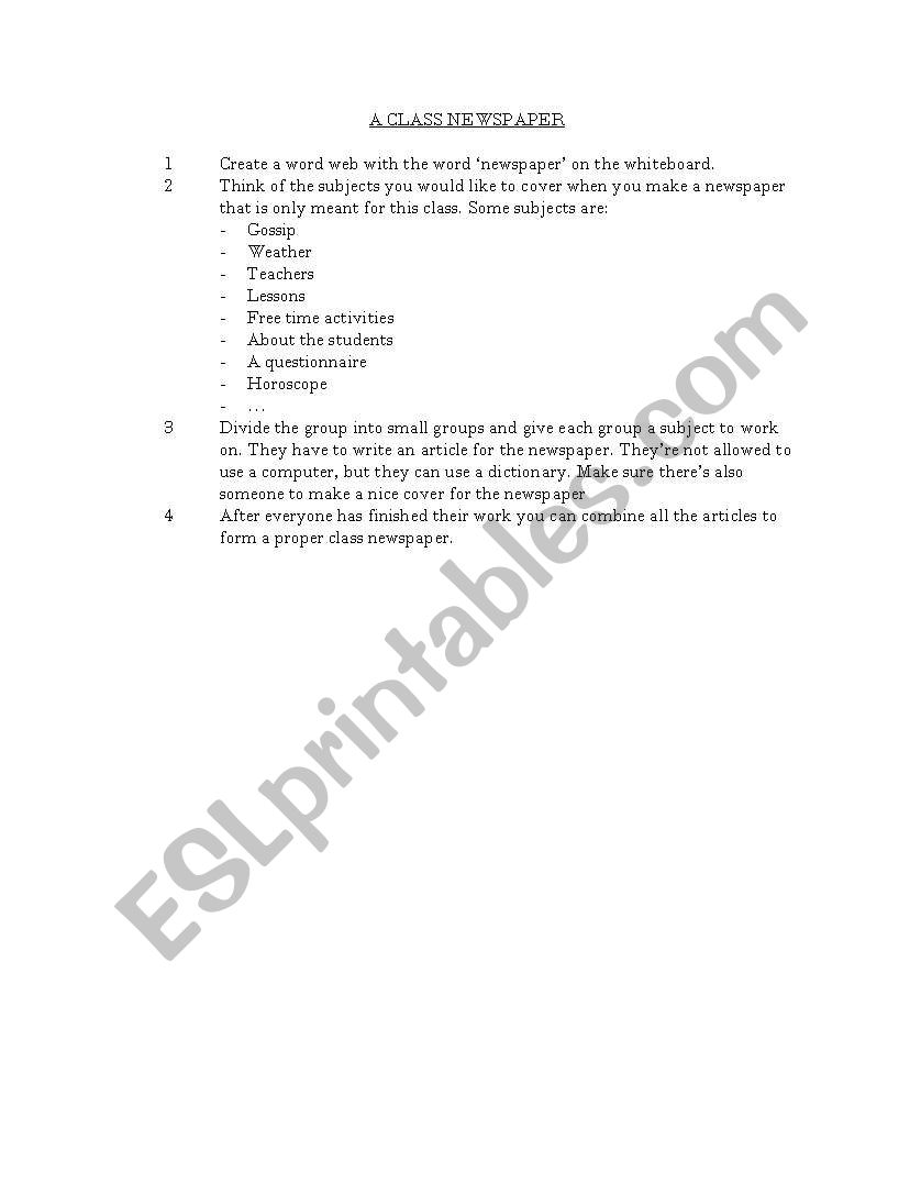 A class newspaper worksheet